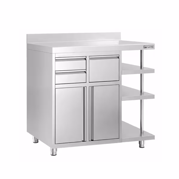 Work cabinet – for coffee machine – 1200 x 600 mm – with 2 hinged doors, 2 drawers, a dustpan, 3 shelves & upstand