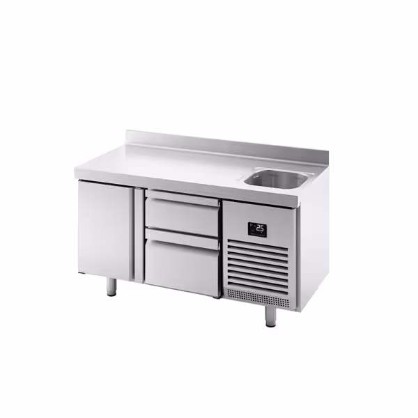Kühltisch Premium PLUS - 1468x600mm - mit 1 Becken, 1 Tür, 2 Schubladen - Aufkantung