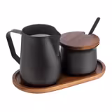 (12 pcs) Milk and Sugar Set - 350ml - Wooden stand - Stainless steel; Acacia wood stand - Black
