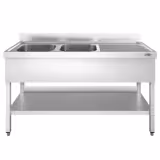 Stół ze zlewem PREMIUM - 1400x700x970mm - z półką - 2-komorowy komory po lewej stronie skręcany