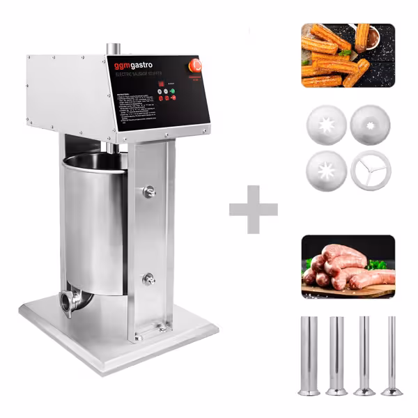 Automatische worstenvuller - verticaal - met churrosset - 20l - 180W - RVS - incl. voetpedaal & 4 vulbuizen & 3 churrosvormen