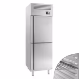 Lednice Nerezová ocel PREMIUM PLUS - GN 2/1 - 686 mm - 560 l - až +8 °C - s 2 poloviční dveře - Digitální termostat; Samozavírací dveře; Ventilované chlazení; Automatické odmrazování; LED osvětlení