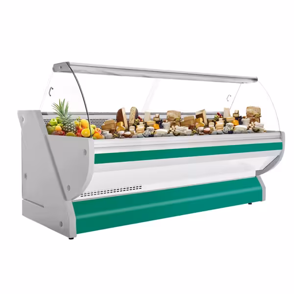 Banco gastronomia professionale / Banco Macelleria - 2965x1150mm - Statica - 570 L - Vetro curvo - Colore Verde - Pannello frontale Verde