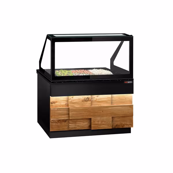Saladette TORONTO - 1250mm - rivestimento frontale in legno - 2 porte - con vetrina in vetro dritto per 3x GN 1/1, 1 ripiano - piano di lavoro in granito nero