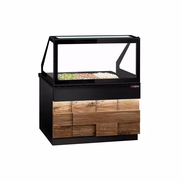 Commercial Saladette Counter TORONTO - 1250mm - 800L - Wood Front - 2 doors - with square glass canopy for 3 x GN 1/1 & 1 shelf - black granite worktop