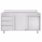 Mesa armario inox ECO - 1600x700mm - con estante intermedio con 3 cajones izquierda & con peto