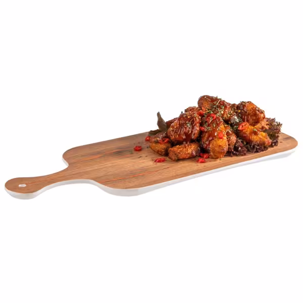 (6 pieces) Rectangular Melamine Serving Tray with 2 Integrated Dip Bowls, 450×175 mm – Crazy Wood Brown