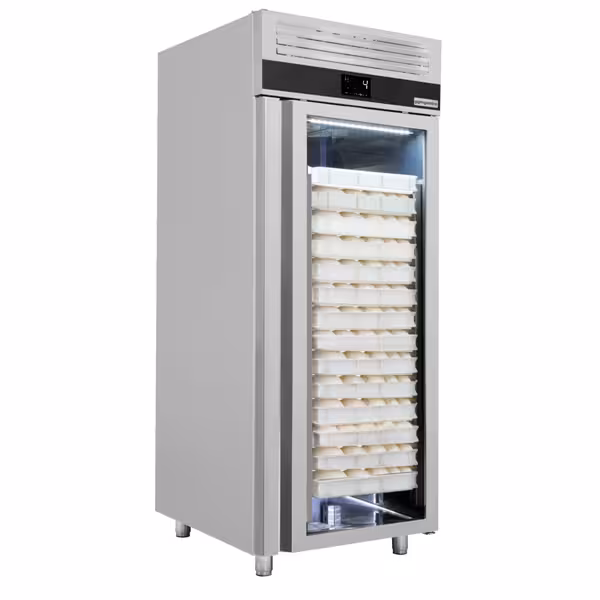 Leipomojääkaappi Ruostumaton teräs PREMIUM - EN 600x400 - 850 l - +2…+8 °C - mitat 1 lasiovi - LED-valaistus, digitaalinen termostaatti, kiertoilmajäähdytys, automaattinen sulatus, R290, 4 pyörää