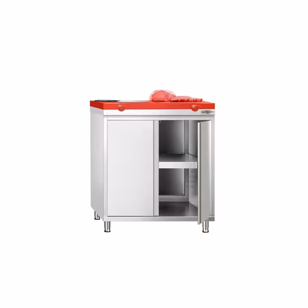 Stainless Steel Floor Cupboard PREMIUM - for raw meat - 800x600mm - with Hinged Doors - incl. Chopping Board Red
