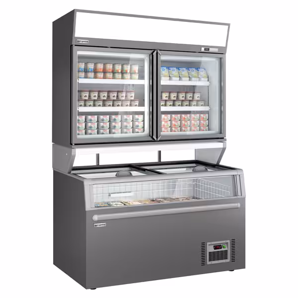 Supermarkt wandvrieskast - 1454mm - 232L - met 2 glazen draaideuren & 4 schappen - incl. diepvrieseiland - Grijs