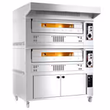 Gasdriven pizzaugn - med chamottesten - 1450x1800 mm - 9+9 x Ø 33 cm - 2‑däck - upp till 370 °C - Manuell - inkl. huv & jässkåp