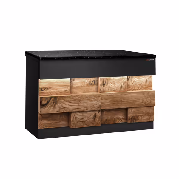 Checkout Counter TORONTO - 1500mm - Wood-effect front panel - Black granite worktop - Matt black finish - Stainless steel body
