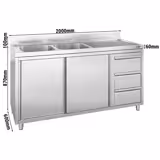 Commercial Sink Cabinet - Stainless Steel - 2000x600 - 3 Drawers - 2 Bowls Left