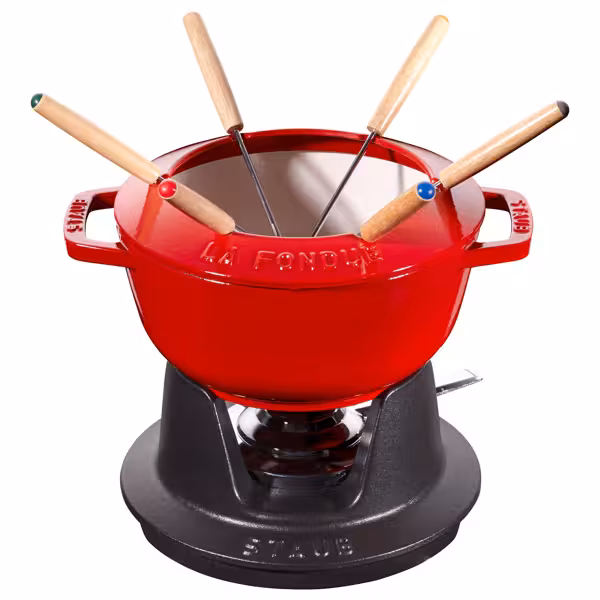 STAUB | Cast Iron Fondue Set – Ø 18 cm - Cherry Red - 6 Forks, Burner, Board