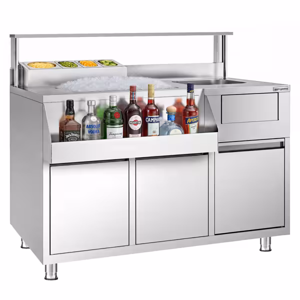 Přípravný stůl (barový) - nerezová ocel - 1200x720 mm - s 2 zásuvky a umyvadlo vpravo a držák lahví