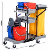 Janitorial Cleaning Trolley - Open - with 2 shelves, laundry bag - Grey