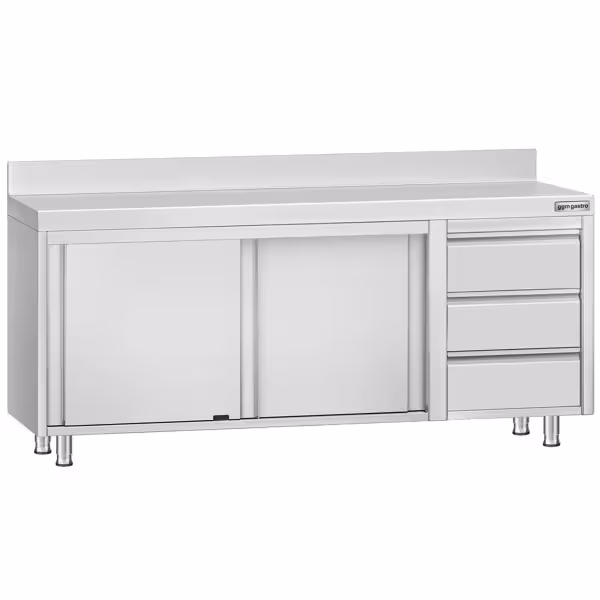 Ερμάριο από ανοξείδωτο ατσάλι ECO - 2000x700 mm - με 3 συρτάρια δεξιά, με συρόμενες πόρτες - με υπερυψωμένη πλάτη 100 mm