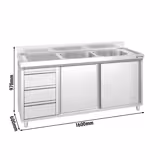 Spülschrank PREMIUM - 1800x600mm - mit 3 Schubladen & 2 Becken rechts
