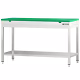 Mesa de trabalho em aço inoxidável PREMIUM - Profissional - 1500x800mm - com prateleira inferior & com travessas de reforço - incl. Tábua de corte Verde
