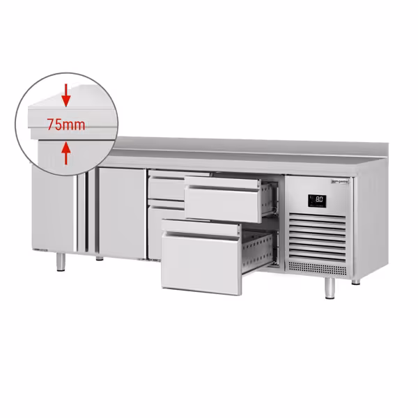 Commercial Counter Fridge PREMIUM PLUS - 2452x700mm - with 2 doors - 4 drawers [1/2 GN] - with upstand - capacity 625 litres