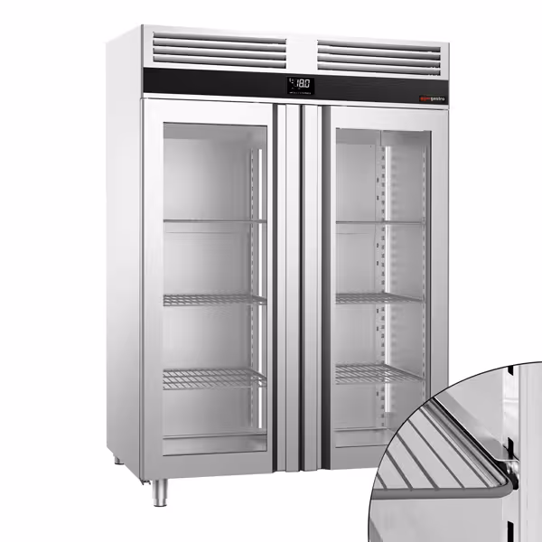 مجمد عمودي ستانلس ستيل PREMIUM - GN 2/1 - 1400 L - -20…-12 °C - مع بابان زجاجيان - تبريد هوائي، إضاءة داخلية، أبواب ذاتية الإغلاق