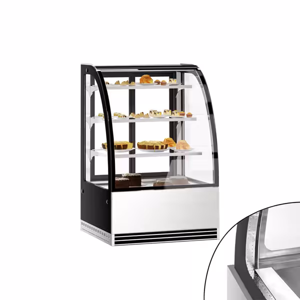 Vitrina para pasteles / Expositor refrigerado - 0,9 m - 3 baldas - frontal cristal redondo (LED)