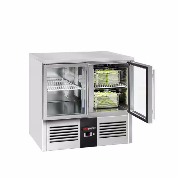 Tavolo refrigerato PREMIUM - 903x700mm - Statica - 240 L - con 2 porte in vetro - piano di lavoro in granito