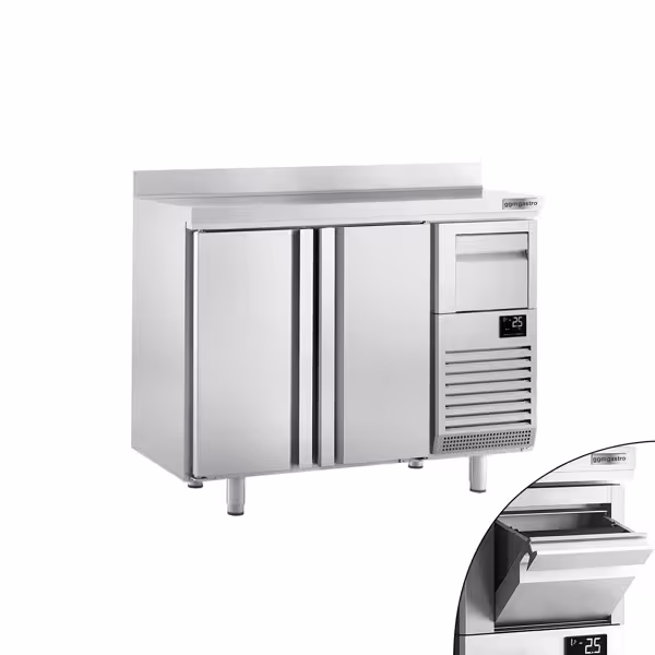 Bar- & Getränkekühltisch Premium PLUS - 1470x600mm - mit 2 Türen, Aufkantung & Ausklopfer für Kaffee