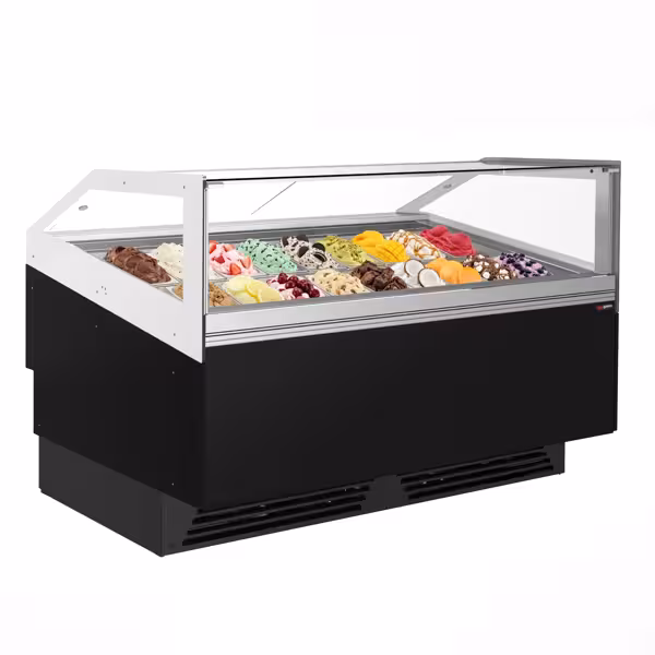 ADAM | Vitrină pentru înghețată ADAM - 1723 mm - ventilată - cu iluminare LED & geam frontal încălzit/antiaburire - pentru 18x cuve de 5 litri pentru înghețată sau 12x cuve de 7 litri pentru înghețată - negru
