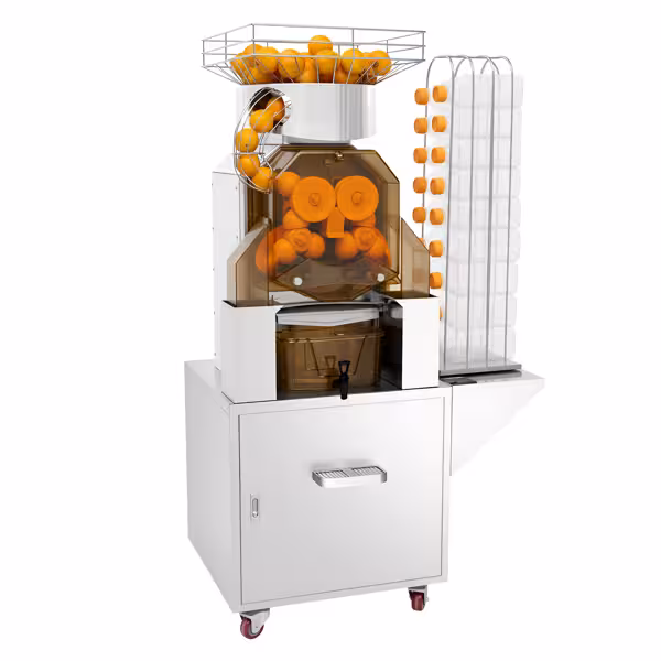 Commercial Electric Orange Juicer – Stainless Steel – 25 oranges/min – Silver – Stand model with rollable cabinet – Automatic with manual feed – Transparent front cover & safety