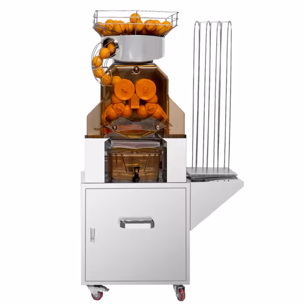 Exprimidor de naranjas eléctrico - con alimentación automática de fruta y grifo de vaciado - plateado