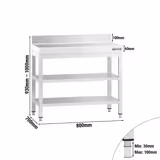 Tavolo da lavoro in acciaio inox PREMIUM - 800x700mm - con ripiano inferiore & alzatina & ripiano intermedio & traversi di rinforzo