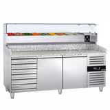 Commercial Pizza Prep Counter - Granite Top ECO - 2025x800mm - with 2 doors & 7 drawers - incl. refrigerated topping unit with glass sneeze guard - 10x GN 1/4