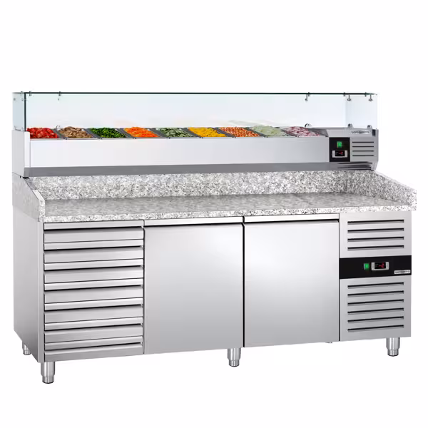 طاولة تحضير بيتزا مبردة ECO - 2000x800 mm - مع بابان و 7 أدراج - سطح عمل جرانيت - شامل وحدة تبريد علوية - 10x GN 1/4