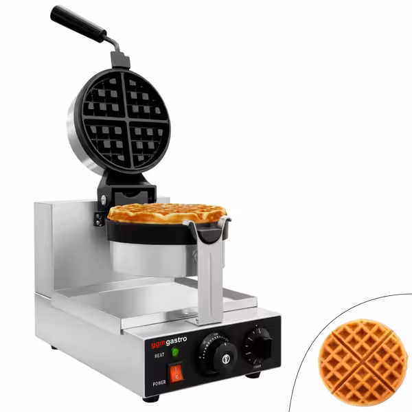  Aparat Gofre / Vafe Profesional - Simplu - Manual - 1,3 kW - Formă: rotund - Ø 180 mm - cu placă rotativă la 180° - Tavă aparat vafe teflonată