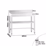 Mesa de trabajo de acero inox.  PREMIUM - 0,8 m - con zócalo, estante intermedio y travesaños bajos