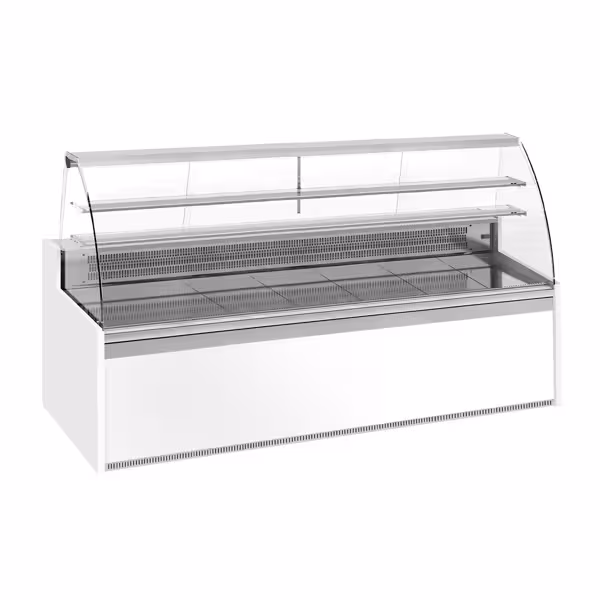 Vitrină pentru prăjituri - 2560x985 mm - 430 L - cu 4 uși - cu 2 rafturi - geam frontal curbat