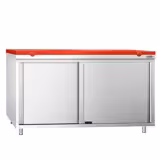 Table armoire en acier inoxydable PREMIUM - 1600x600mm - avec portes coulissantes - incl. plateau de découpe Rouge PEHD (HACCP) - pour viande crue