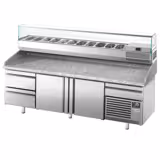 Commercial Pizza Prep Counter - Granite Top PREMIUM PLUS - 3305x800mm - with 3 doors & 3 drawers - incl. refrigerated topping unit with glass sneeze guard - 11x GN 1/4