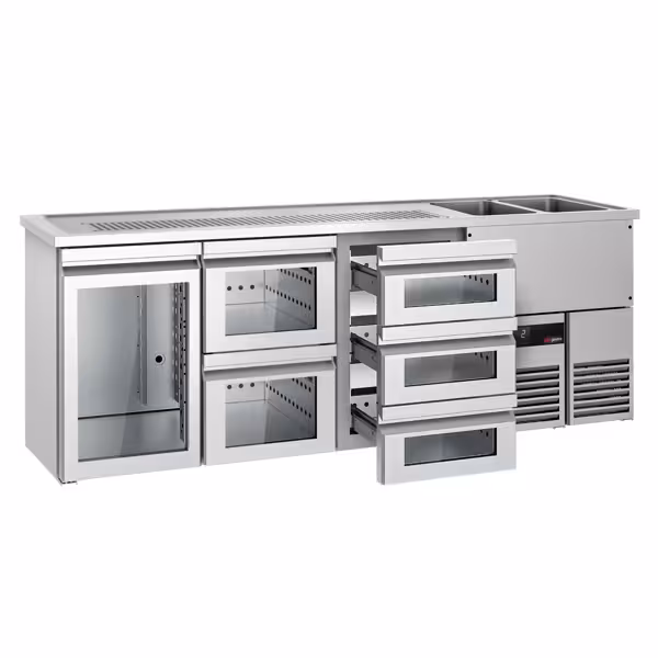 منضدة البار PREMIUM - 2500x700mm - 1 باب زجاجي & 5 أدراج زجاجية