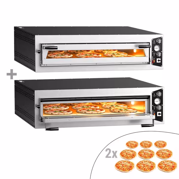 (2 stuks) Elektrische pizzaoven - 1 kamer - 1x9 pizza’s Ø34cm (chamotte bakvloer) - tot 450°C - Handmatig - Stapelbaar - 1340x1270x760mm
