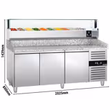 Commercial Refrigerated Pizza Prep Counter PREMIUM - 2000x800 - 3 Doors - Top Display Rail LED - 10x GN 1/4