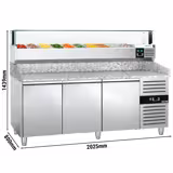 Commercial Pizza Prep Counter - Granite Top PREMIUM - 2000x800mm - with 3 doors - incl. refrigerated topping unit with glass sneeze guard LED - 10x GN 1/4