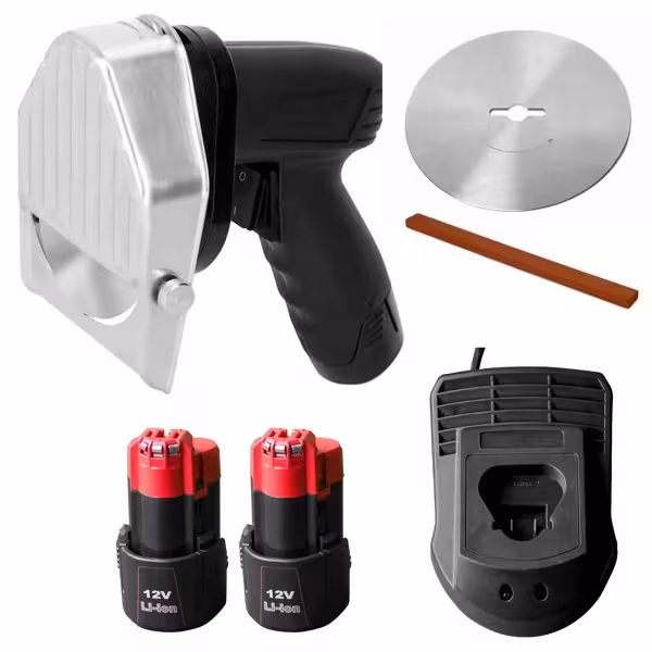 Draadloos Kebabmes Professioneel - Capaciteit: 60kg/dag - incl. glad snijmes Ø100mm, 2 accu’s, oplader, slijpsteen, schroevendraaier