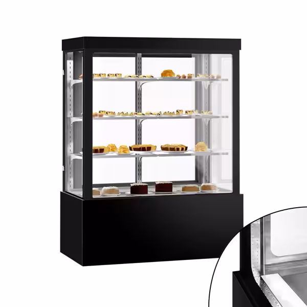 Vetrina pasticceria refrigerata Anna - per torte - 1400l - 1500mm - Doppio vetro - vetro dritto - con 3 ripiani - 4 lati vetro; porte posteriori scorrevoli; LED interni; schienale a specchio - Nero