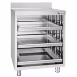 Armário baixo em aço inox - PREMIUM - para cestos de lavagem de copos 500x500mm - 647x600mm - com 3 gavetas & rebordo posterior