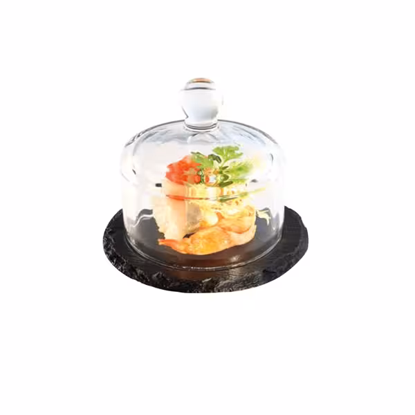 (6 pz) Alzata per torte con cupola in vetro - Ardesia naturale - Quadrato - 105x105mm - Altezza: 95mm - Nero/Trasparente