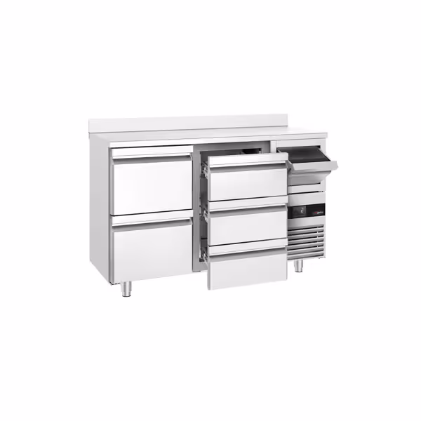 Mesa de refrigeração de bebidas de bar 1,58 m - com 2 gavetas 1/2, 3 gavetas 1/3, mesa de apoio e aldrava para café