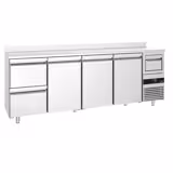Arrière-bar réfrigéré professionnel PREMIUM - 2690 x 600 mm - avec 3 portes et 2 tiroirs - avec dosseret - avec tiroir à marc de café