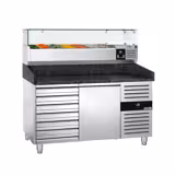 Banco pizza refrigerato PREMIUM - 1500x800mm - con 1 porta & 7 cassetti - piano in granito - con vetrina ingredienti refrigerata superiore - 7x GN 1/4